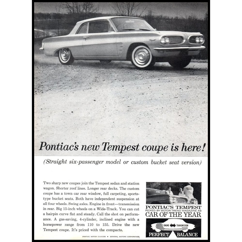 1961 Pontiac Tempest Coupe Vintage Print Ad White Wall Tires Spinning Wall Art